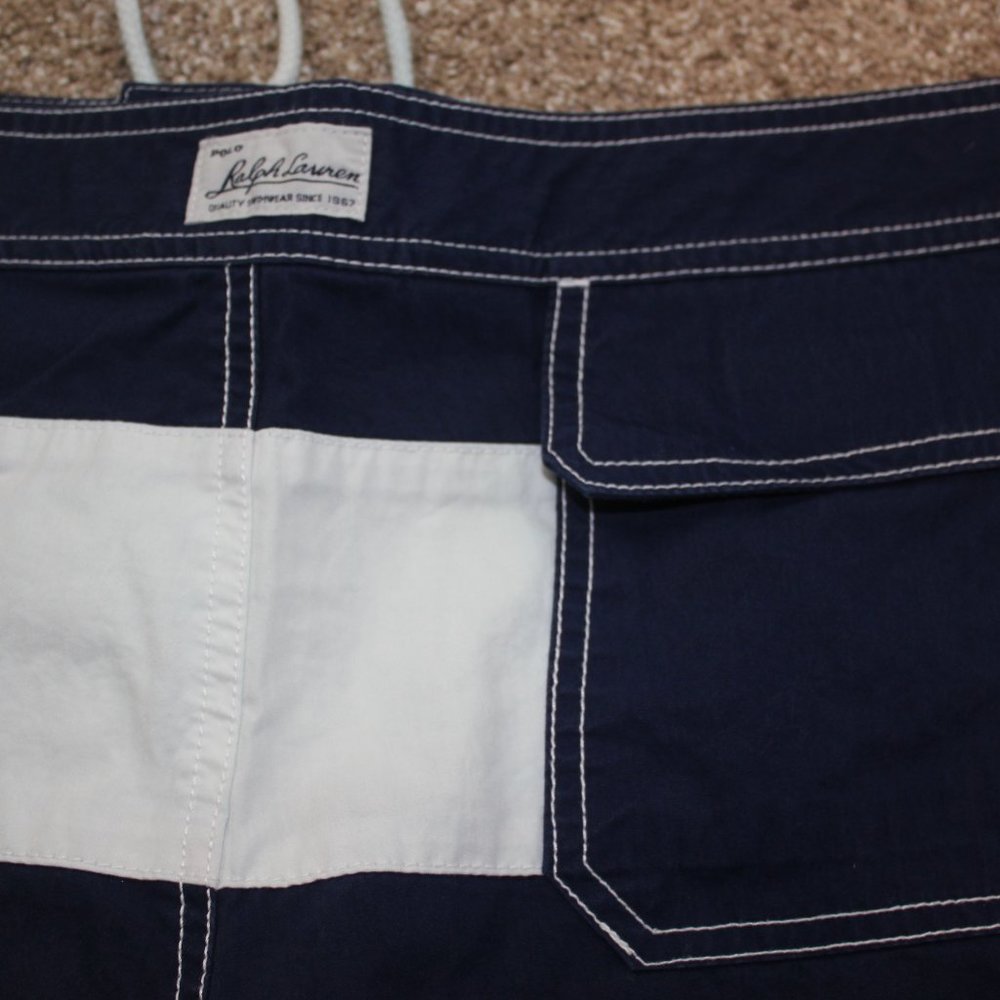 Polo Ralph Lauren Navy Blue White Stripe Board Shorts Swim Trunks Mens Size 34 - Picture 6 of 7